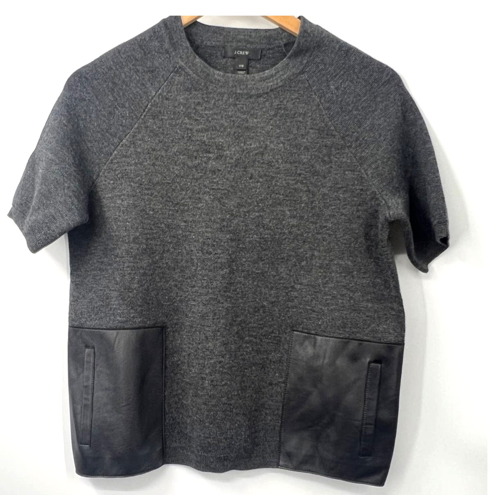 J Crew Merino Wool Leather Pocket Sweater Short Sleeve Crew Neck Gray XXS #2665